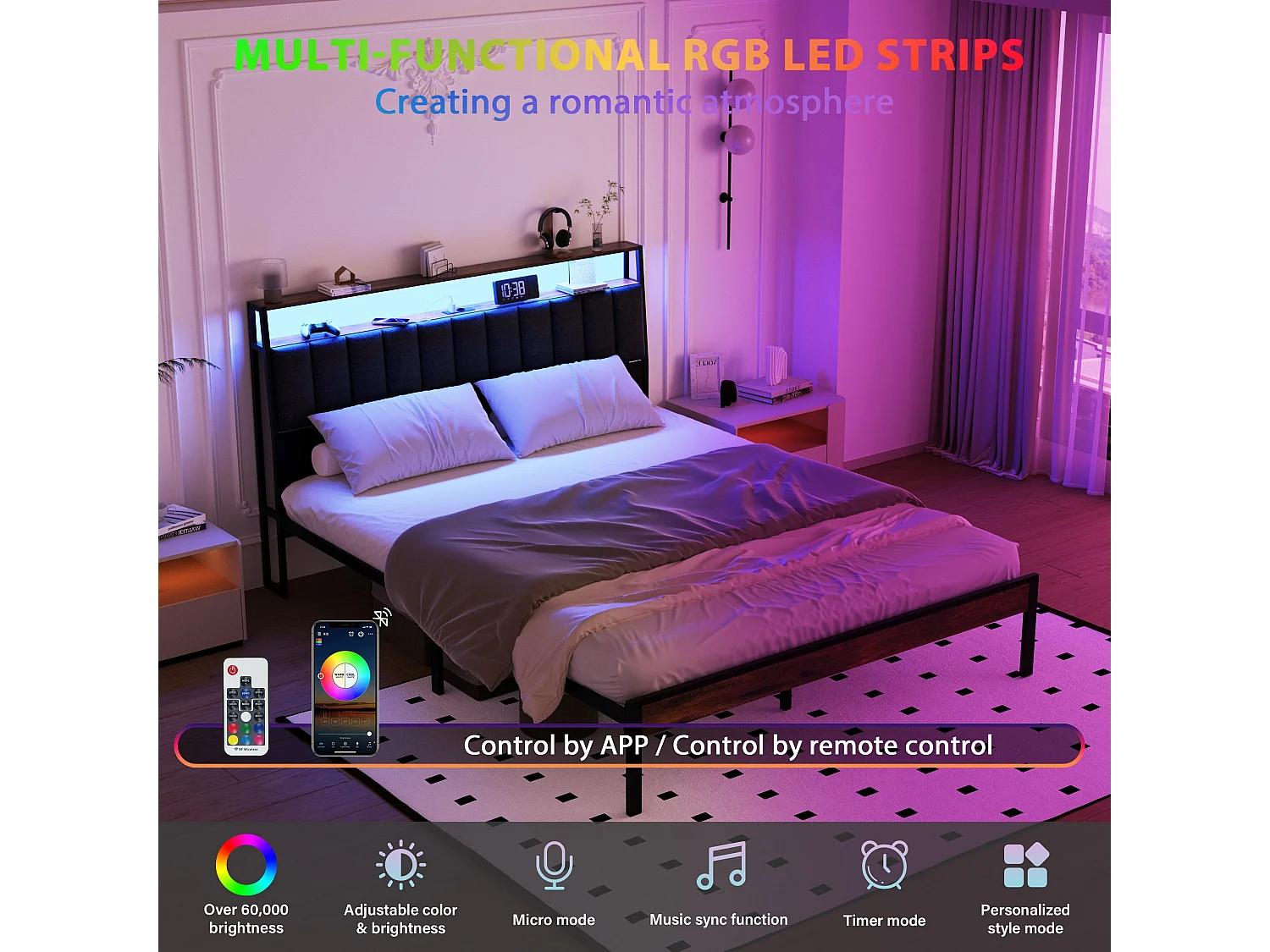 Cadre de lit 160 x 200 avec Base en métal, avec lumières LED et Prises Multiples (1 Prise AC, 2 Ports USB), avec casier, Hauteur 26,5 cm, Couleurs Vintage et Gris