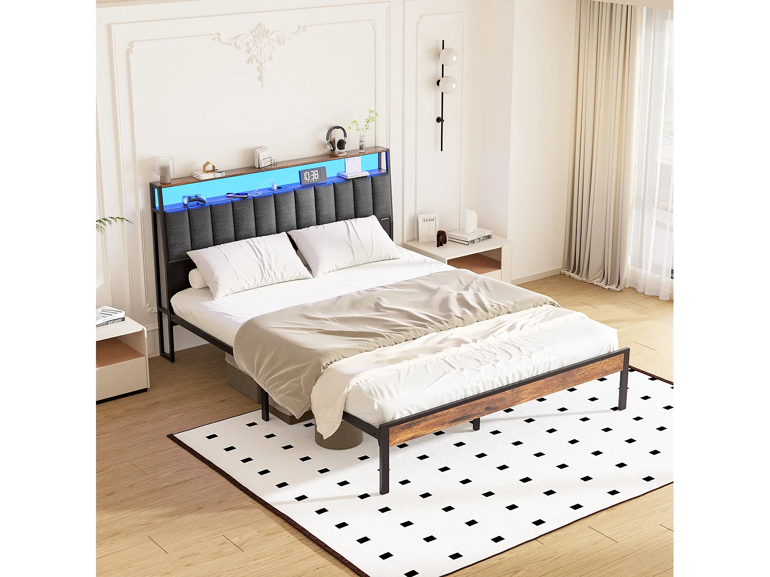 Cadre de lit 160 x 200 avec Base en métal, avec lumières LED et Prises Multiples (1 Prise AC, 2 Ports USB), avec casier, Hauteur 26,5 cm, Couleurs Vintage et Gris