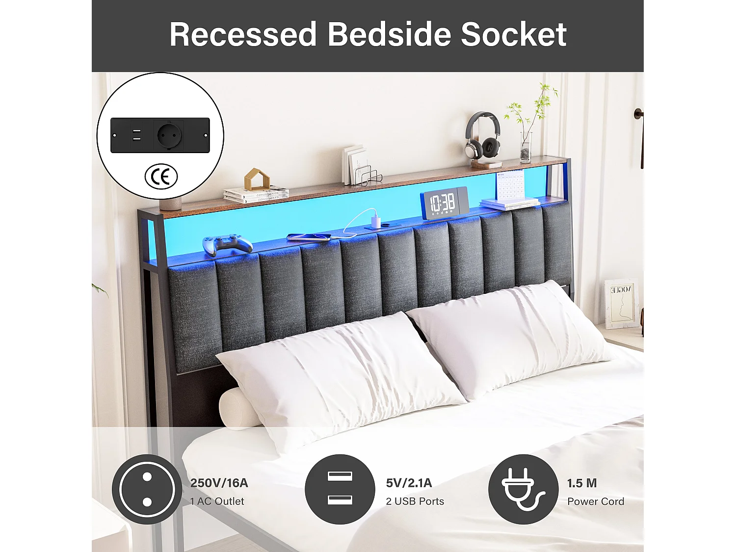 Cadre de lit 160 x 200 avec Base en métal, avec lumières LED et Prises Multiples (1 Prise AC, 2 Ports USB), avec casier, Hauteur 26,5 cm, Couleurs Vintage et Gris