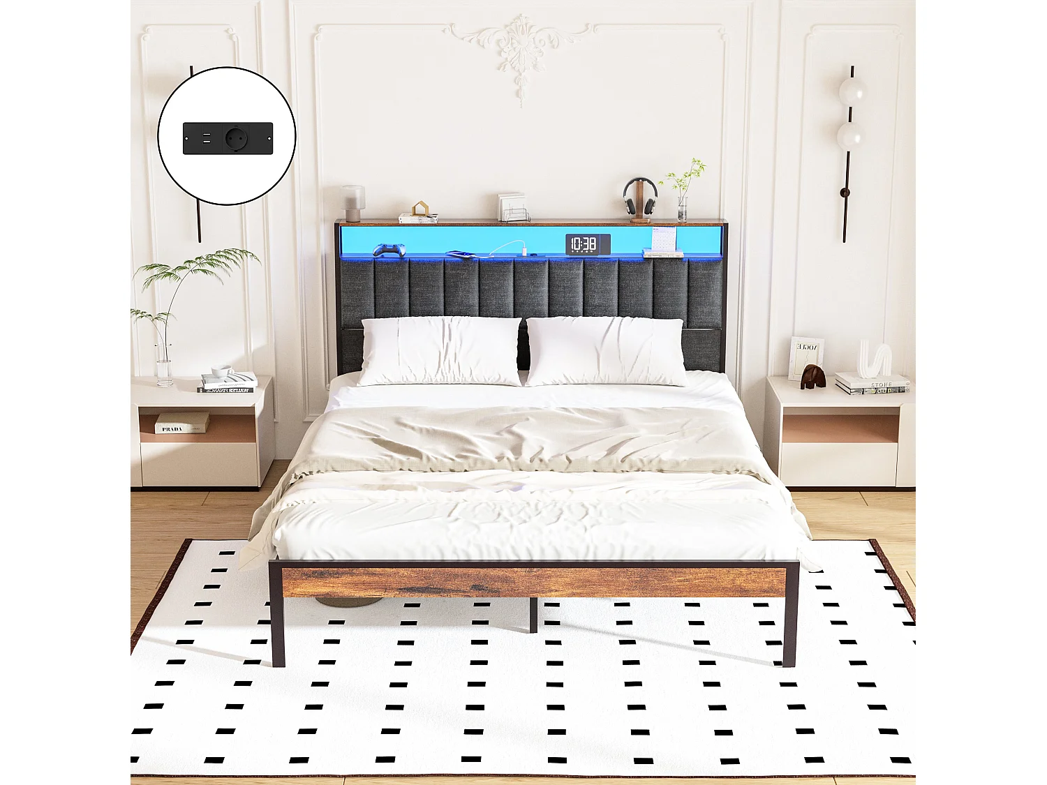 Cadre de lit 160 x 200 avec Base en métal, avec lumières LED et Prises Multiples (1 Prise AC, 2 Ports USB), avec casier, Hauteur 26,5 cm, Couleurs Vintage et Gris