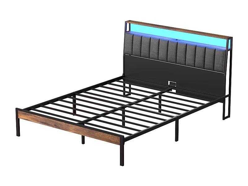 Cadre de lit 160 x 200 avec Base en métal, avec lumières LED et Prises Multiples (1 Prise AC, 2 Ports USB), avec casier, Hauteur 26,5 cm, Couleurs Vintage et Gris