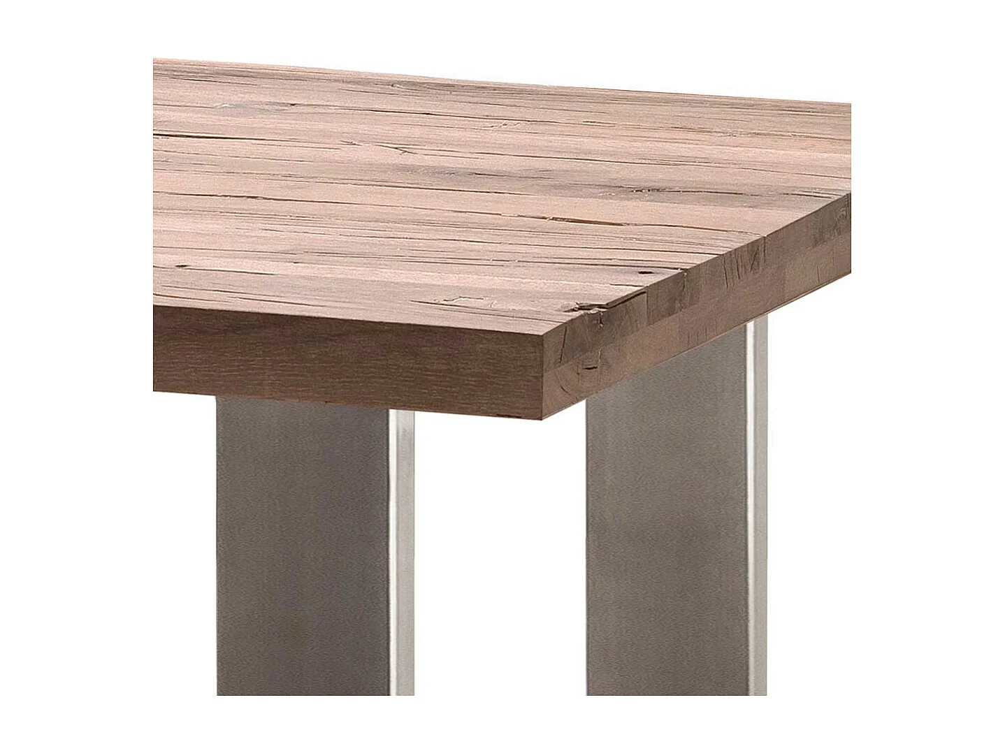 Massivholztisch in Eiche gekälkt Edelstahl Bügelgestell