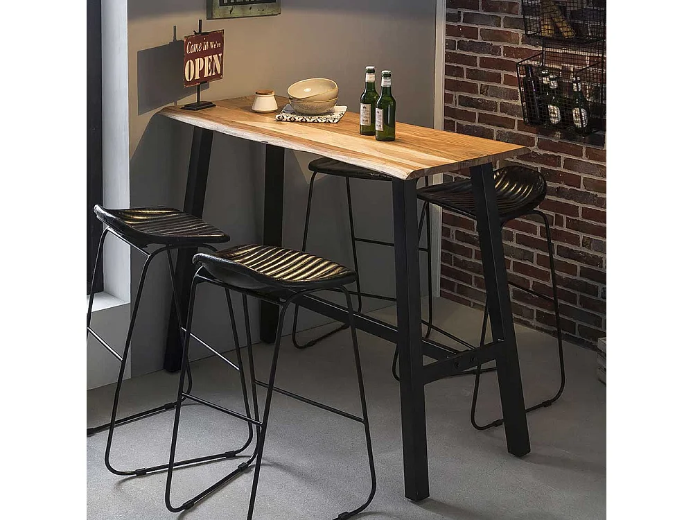 Baumkanten Tresentisch aus Akazie Massivholz und Stahl 125 cm breit