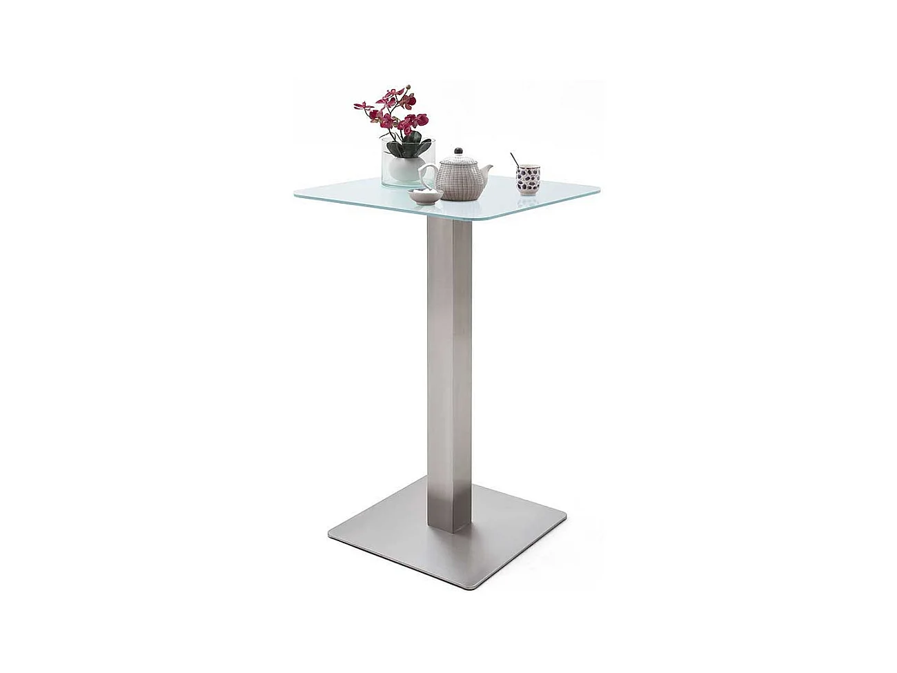 Bartisch mit Glasplatte in Weiß Edelstahl