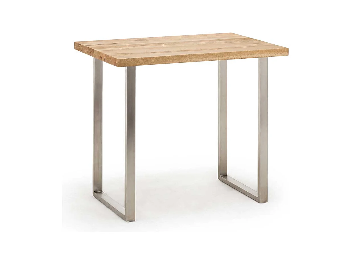 Hochtisch aus Wildeiche Massivholz und Edelstahl 120 cm breit