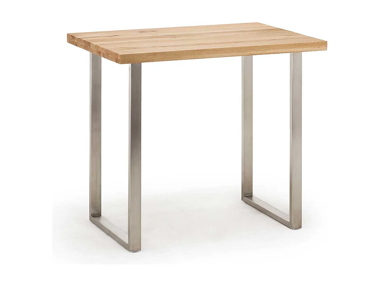 Hochtisch aus Wildeiche Massivholz und Edelstahl 120 cm breit
