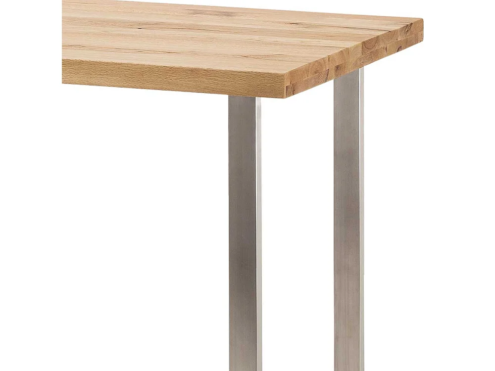 Hochtisch aus Wildeiche Massivholz und Edelstahl 120 cm breit