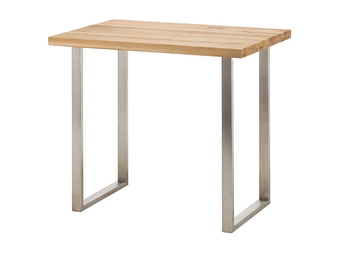 Hochtisch aus Wildeiche Massivholz und Edelstahl 120 cm breit