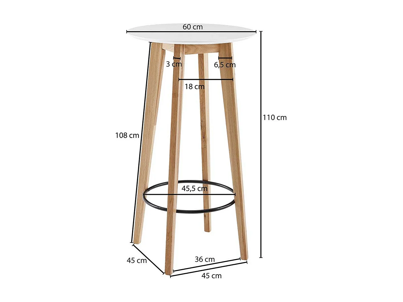 Stehtisch Skandi Stil in Weiß und Eichefarben 110 cm hoch