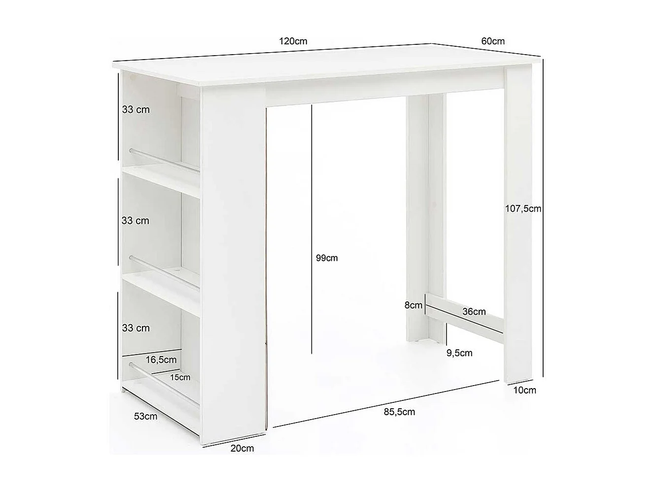 Küchen Bartisch weiß modern 120 cm breit mit Seitenregal