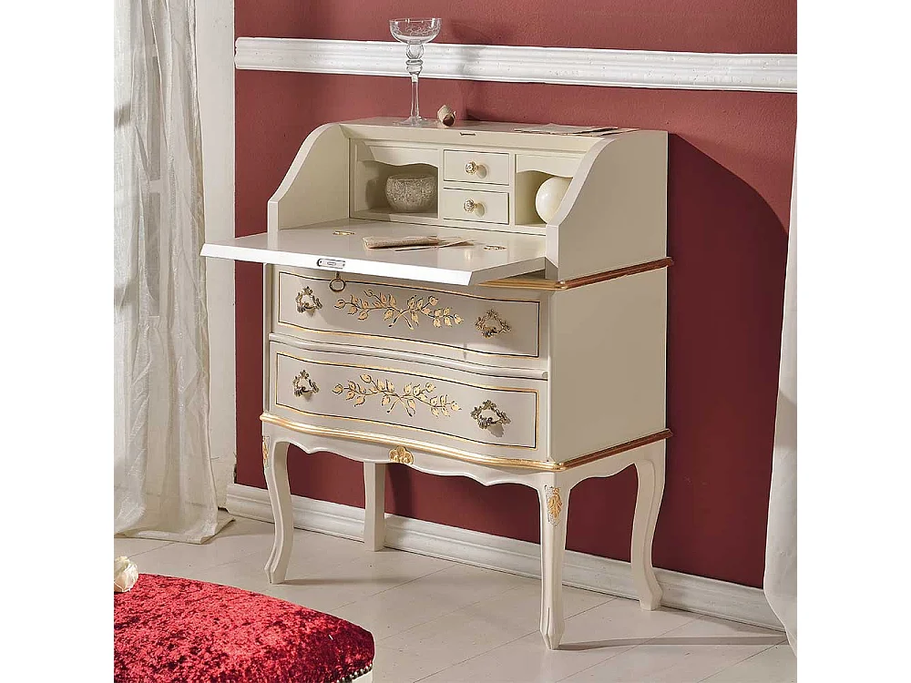 Barock Schreibsekretär in Weiß und Goldfarben verziert 75 cm breit