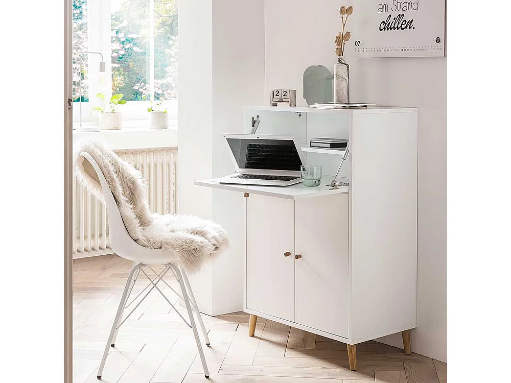 Sekretärschrank modern in Weiß und Eichefarben Made in Germany