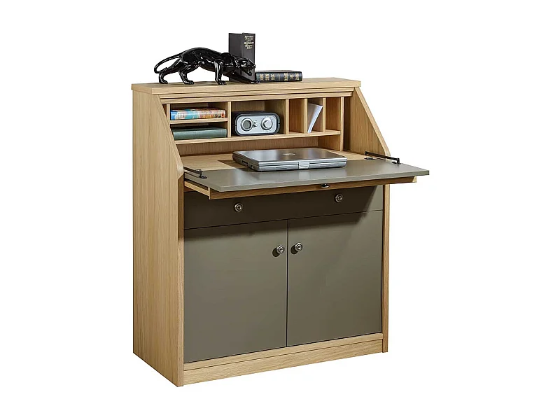 Schreibsekretär in Eichefarben und Beigegrau Made in Germany