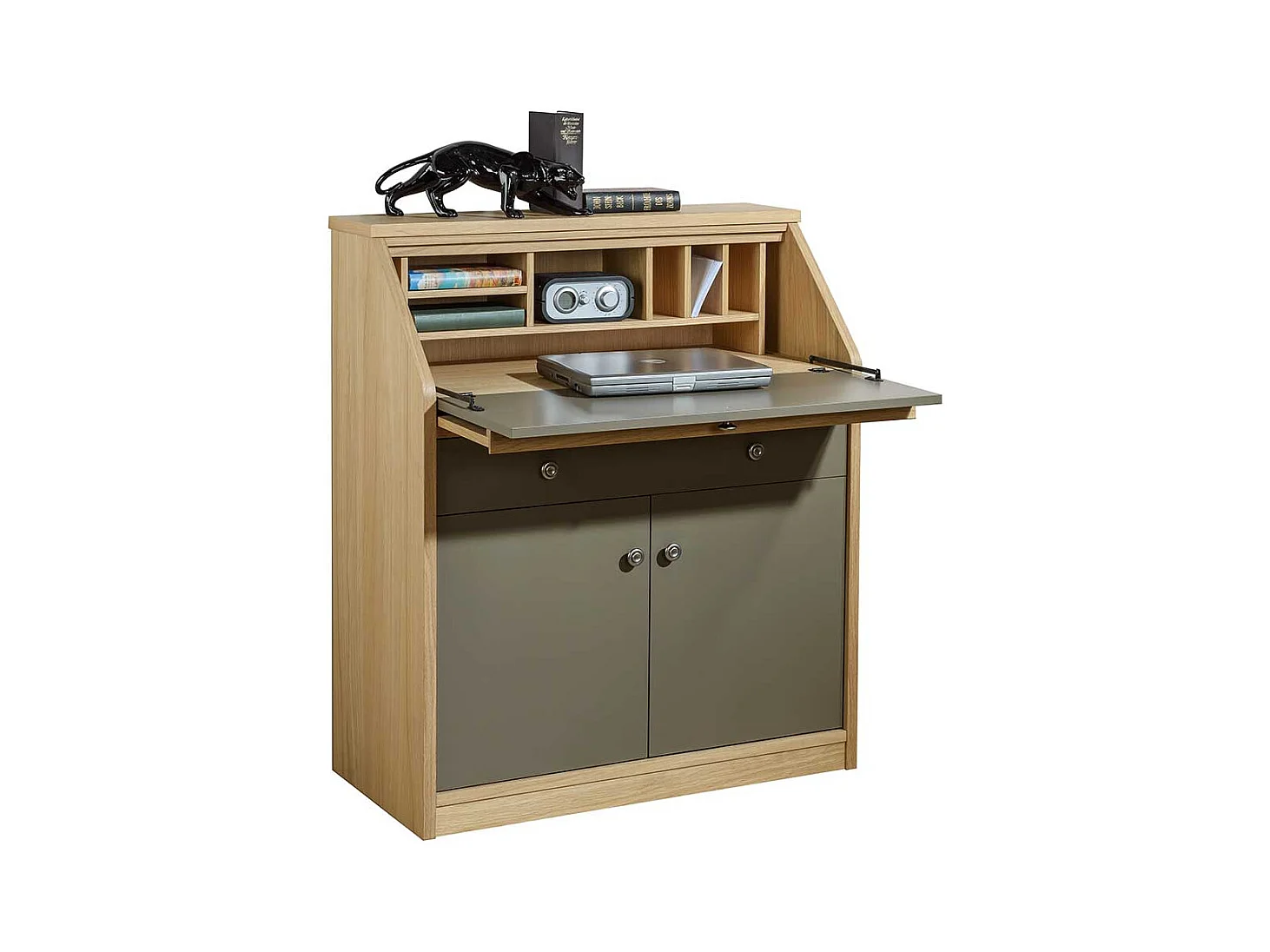 Schreibsekretär in Eichefarben und Beigegrau Made in Germany