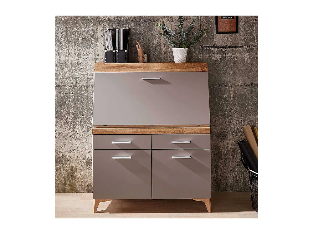 Sekretärschrank mit Schreibklappe Grau & Eichefarben