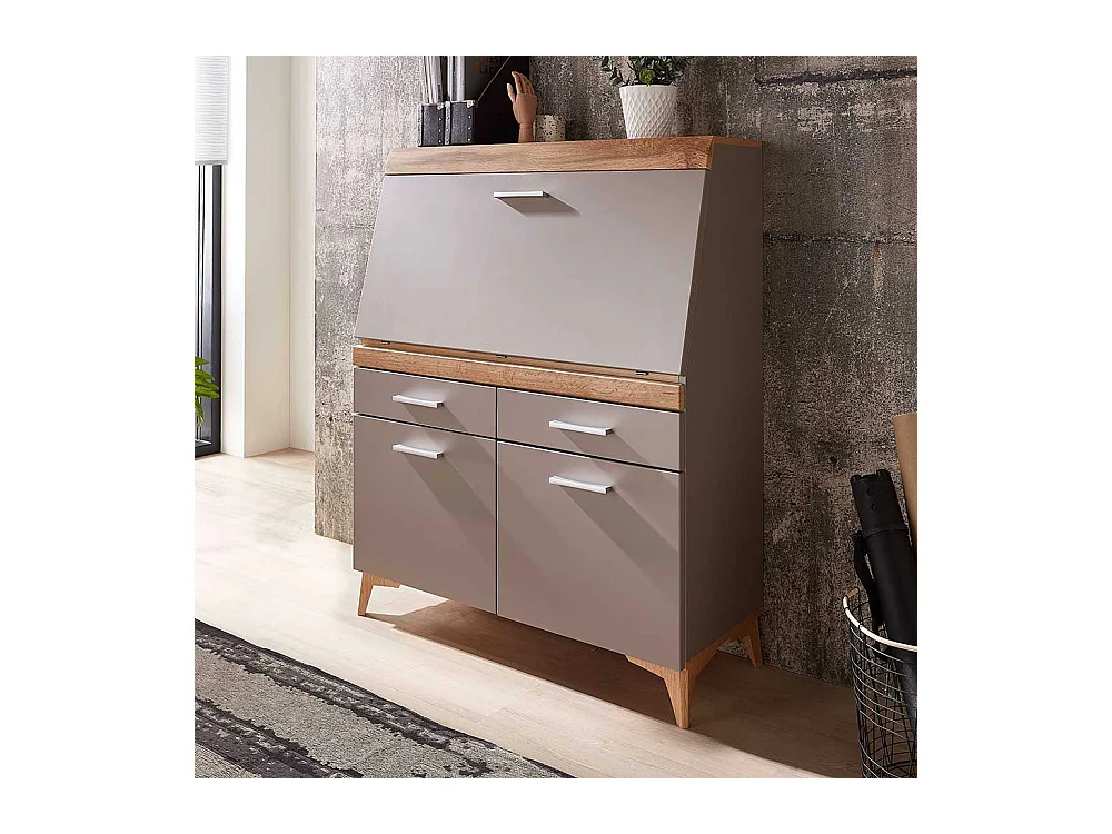 Sekretärschrank mit Schreibklappe Grau & Eichefarben