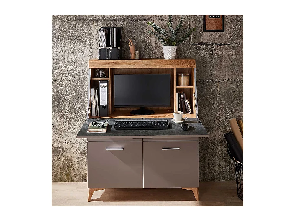 Sekretärschrank mit Schreibklappe Grau & Eichefarben
