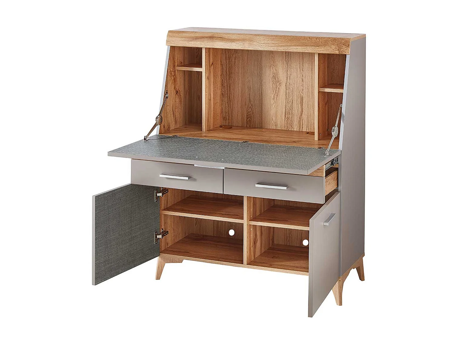 Sekretärschrank mit Schreibklappe Grau & Eichefarben