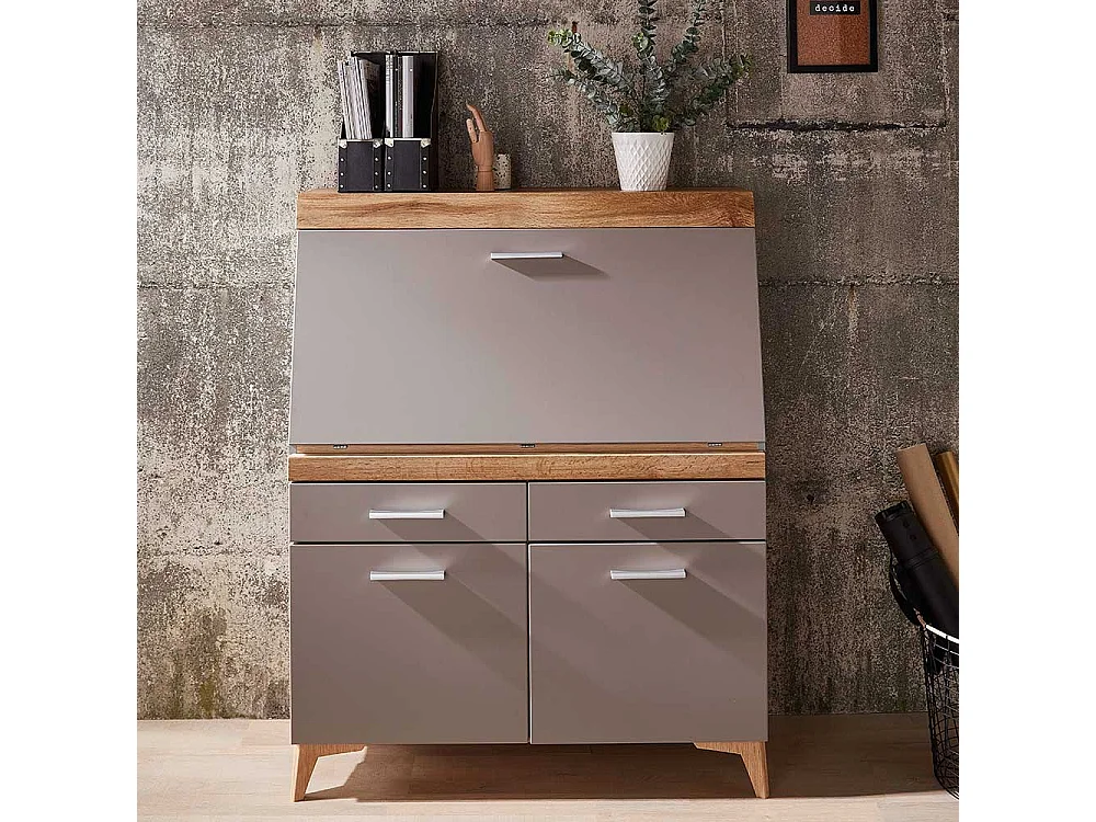 Sekretärschrank mit Schreibklappe Grau & Eichefarben