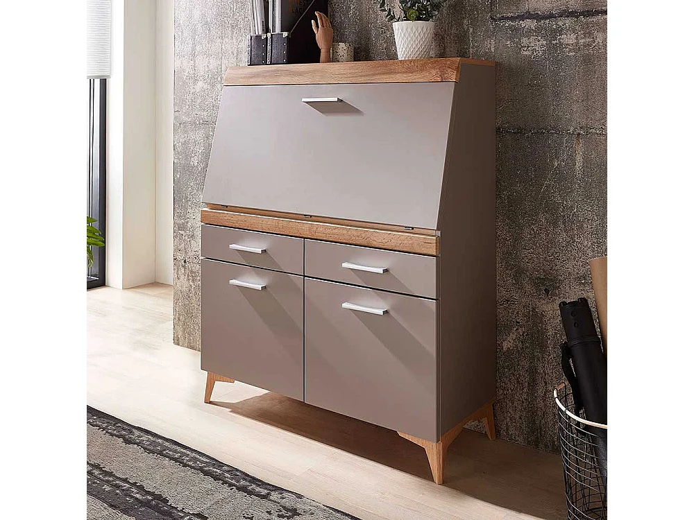 Sekretärschrank mit Schreibklappe Grau & Eichefarben
