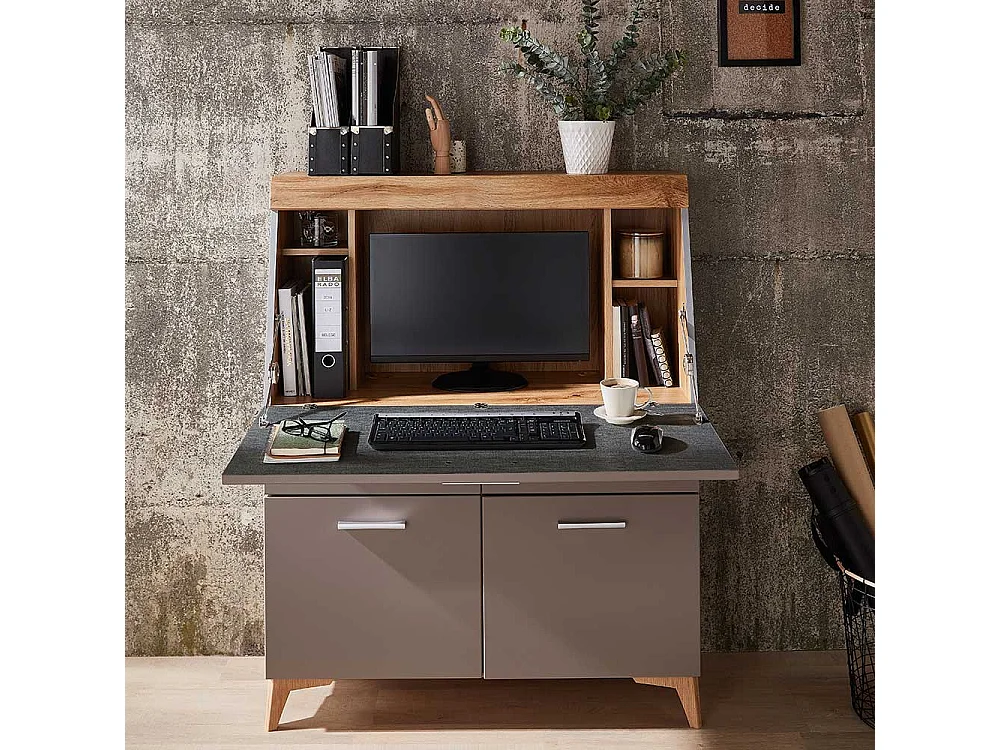 Sekretärschrank mit Schreibklappe Grau & Eichefarben