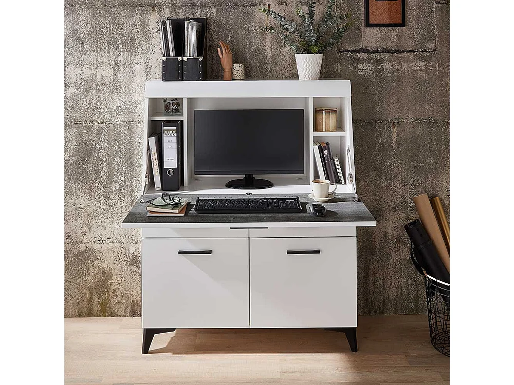 Moderner Schreibsekretär in Weiß zwei Schubladen & zwei Türen