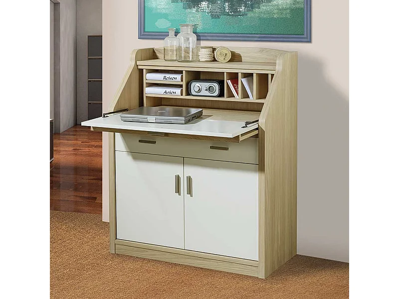 Sekretär in Eiche Bianco und Cremefarben modern