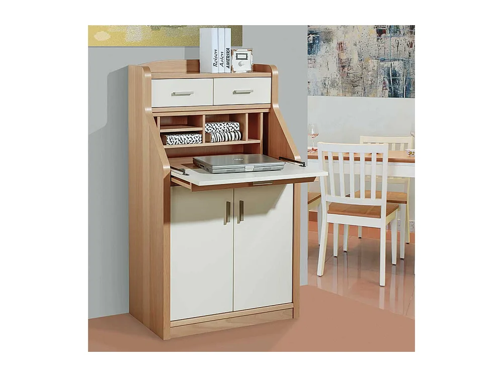 Sekretärschrank in Creme Weiß und mit Buche furniert 120 cm hoch