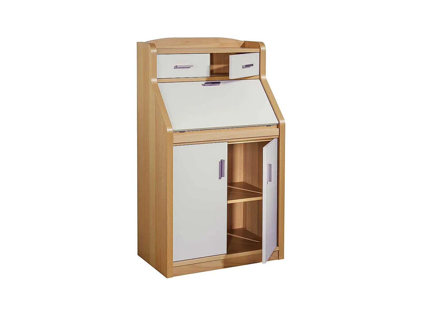 Sekretärschrank in Creme Weiß und mit Buche furniert 120 cm hoch