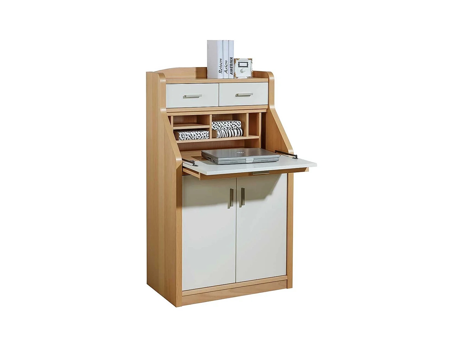 Sekretärschrank in Creme Weiß und mit Buche furniert 120 cm hoch