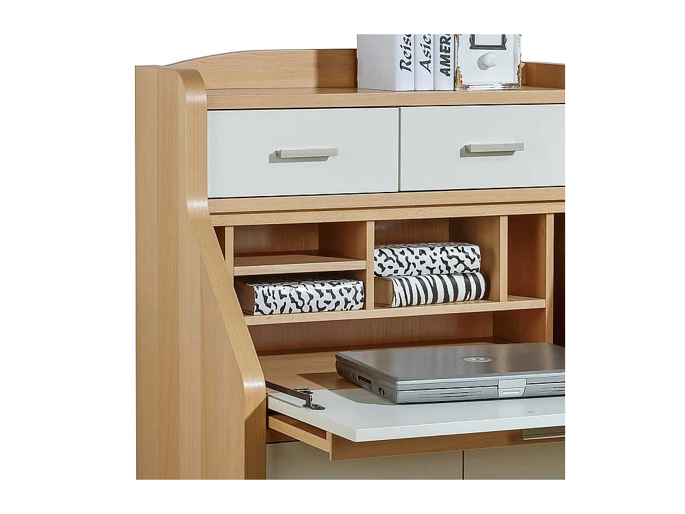 Sekretärschrank in Creme Weiß und mit Buche furniert 120 cm hoch