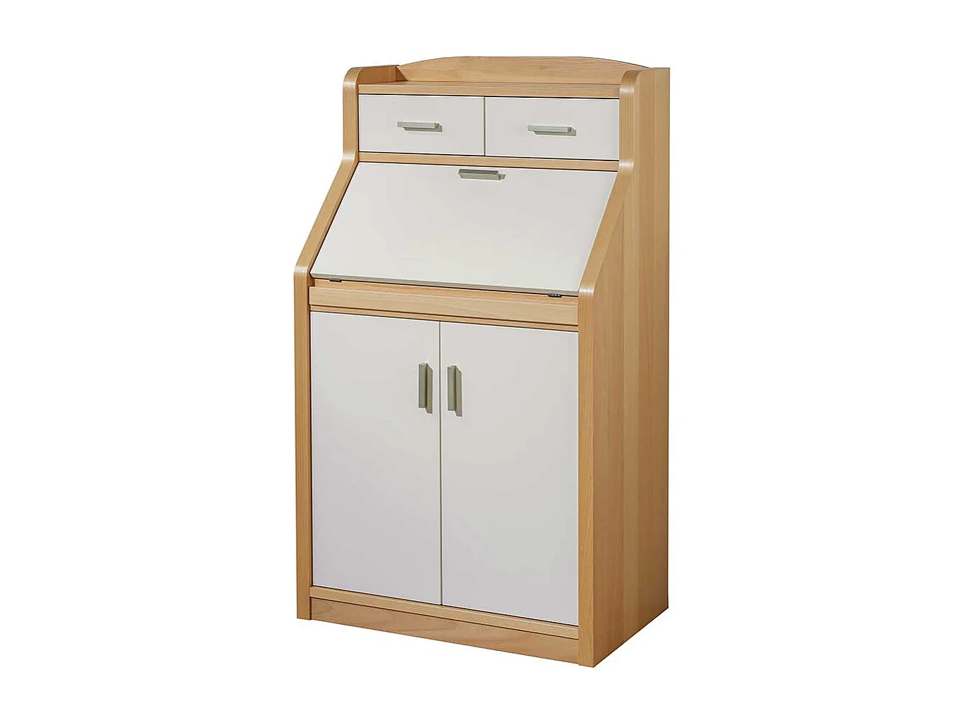 Sekretärschrank in Creme Weiß und mit Buche furniert 120 cm hoch