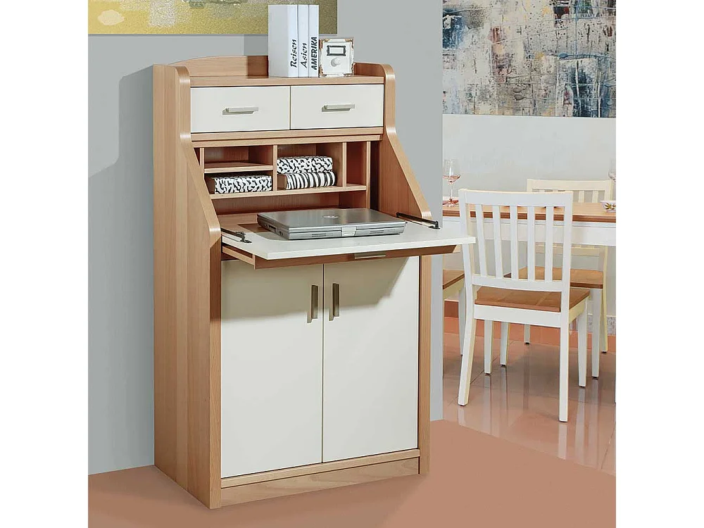 Sekretärschrank in Creme Weiß und mit Buche furniert 120 cm hoch