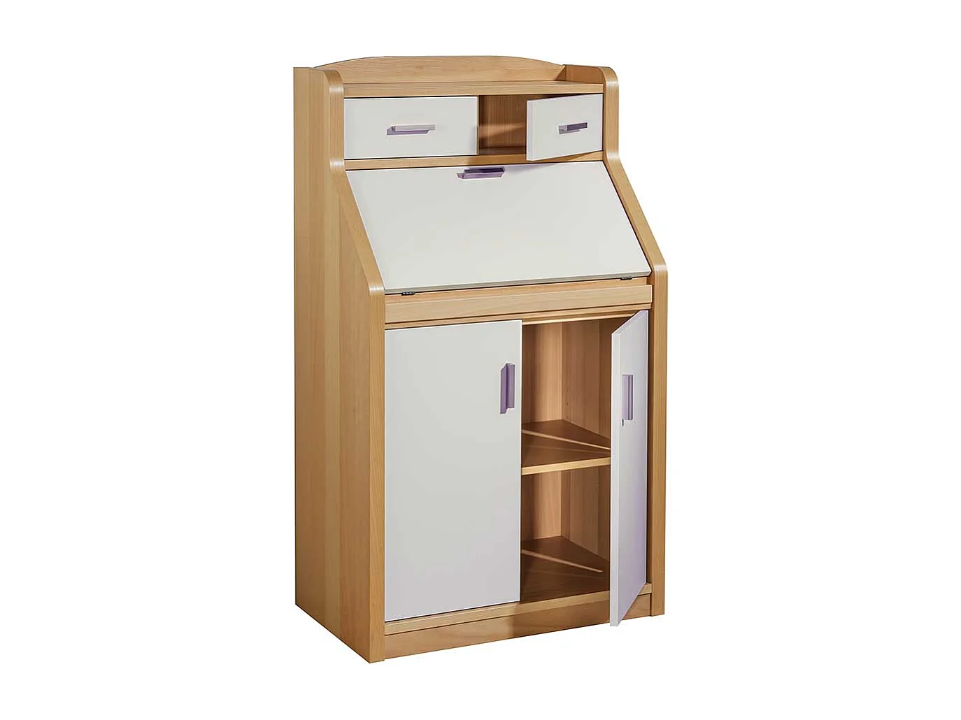 Sekretärschrank in Creme Weiß und mit Buche furniert 120 cm hoch