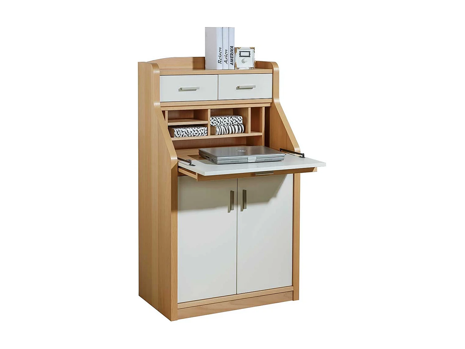 Sekretärschrank in Creme Weiß und mit Buche furniert 120 cm hoch