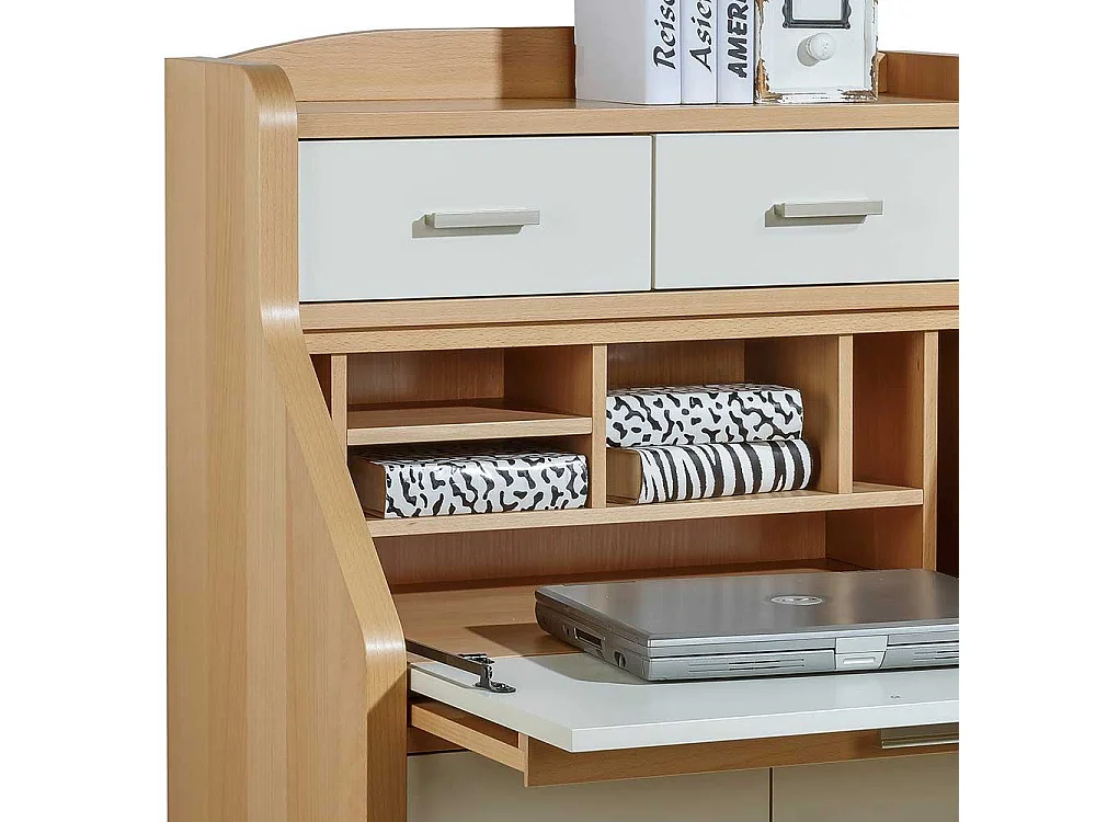 Sekretärschrank in Creme Weiß und mit Buche furniert 120 cm hoch
