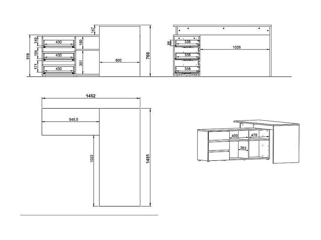 Computereckschreibtisch mit drei Schubladen 146 cm breit