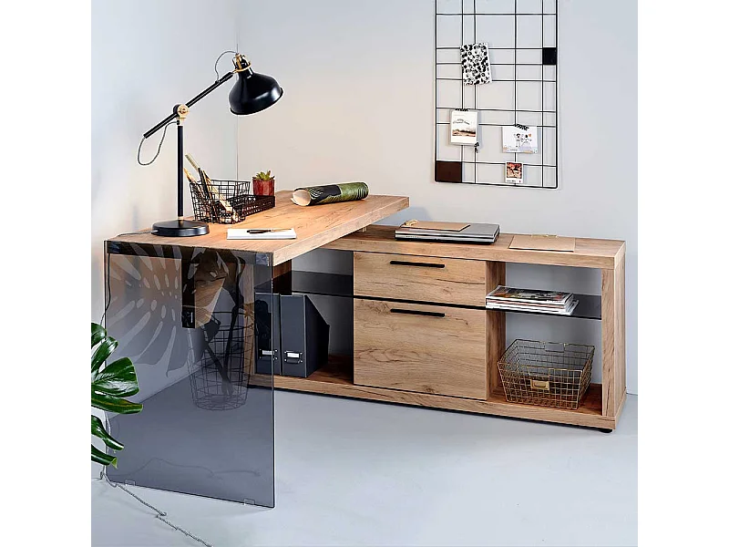 Winkelschreibtisch in Eichefarben Sicherheitsglas