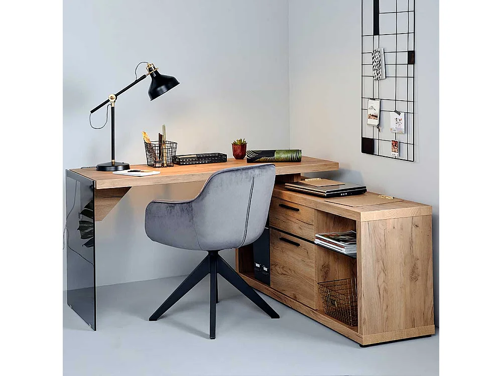 Winkelschreibtisch in Eichefarben Sicherheitsglas