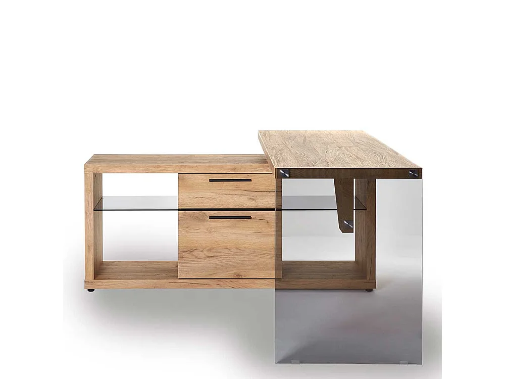 Winkelschreibtisch in Eichefarben Sicherheitsglas
