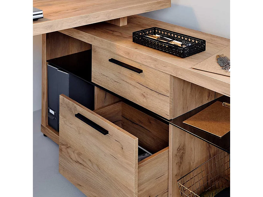 Winkelschreibtisch in Eichefarben Sicherheitsglas