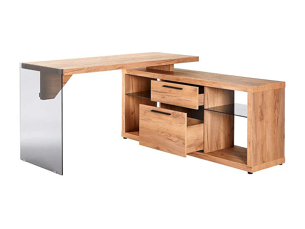 Winkelschreibtisch in Eichefarben Sicherheitsglas