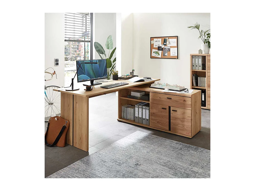 Eckbürotisch in Wildeiche und Eschefarben Seitenregalen