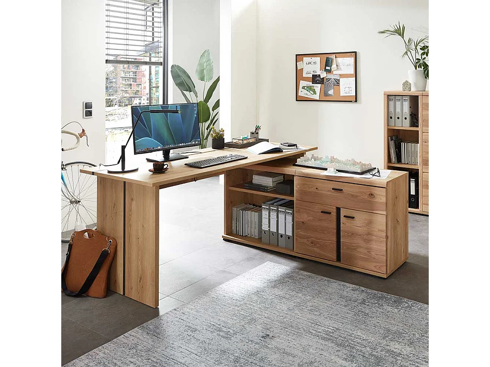 Eckbürotisch in Wildeiche und Eschefarben Seitenregalen