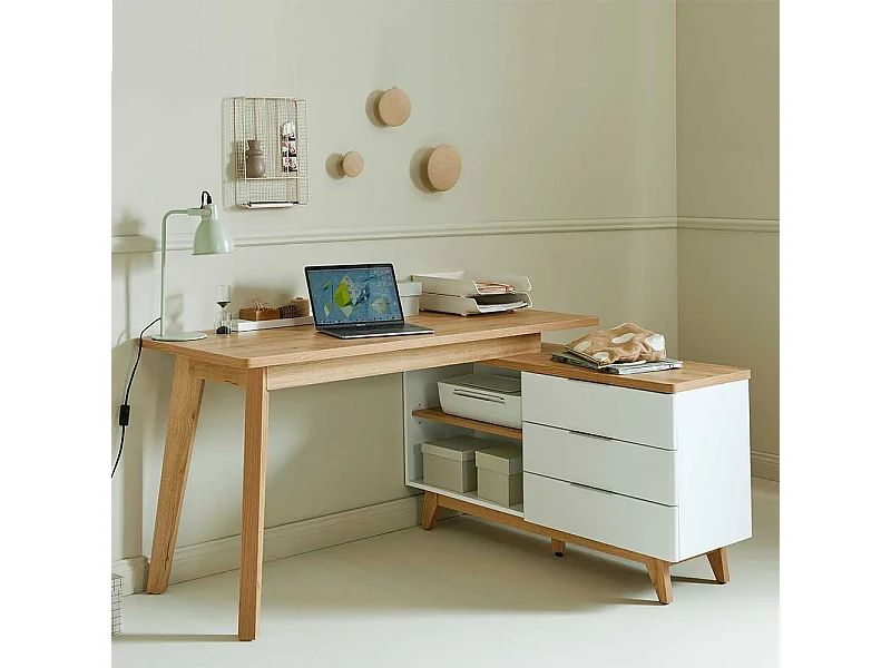 Computertisch Ecke Schreibtisch in Weiß und Kerneichefarben
