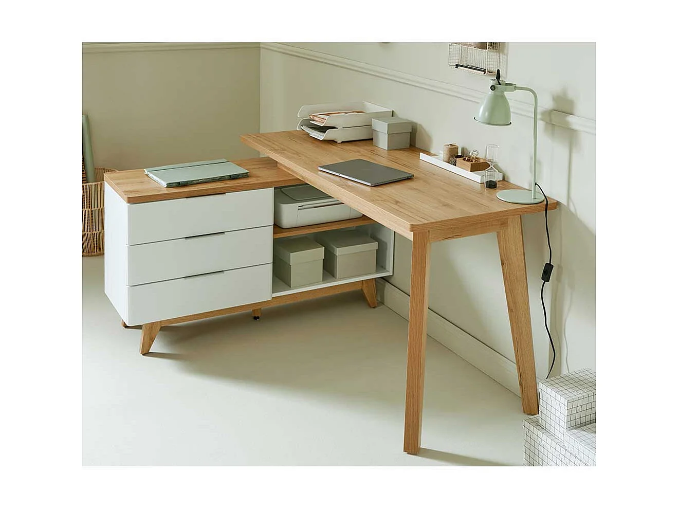 Computertisch Ecke Schreibtisch in Weiß und Kerneichefarben