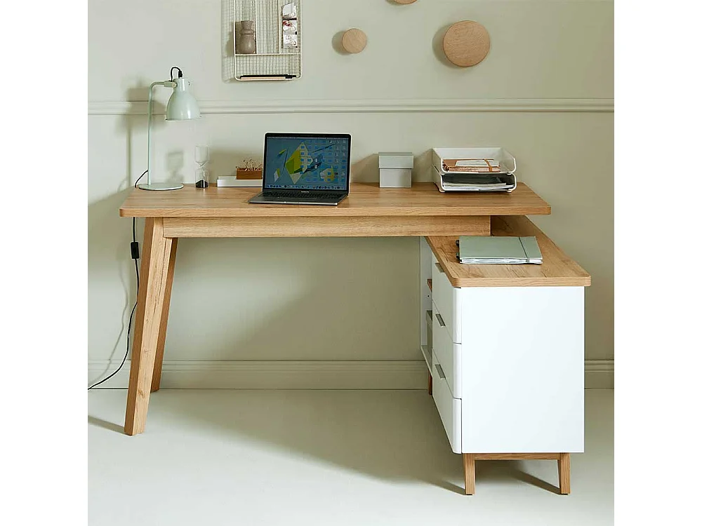 Computertisch Ecke Schreibtisch in Weiß und Kerneichefarben