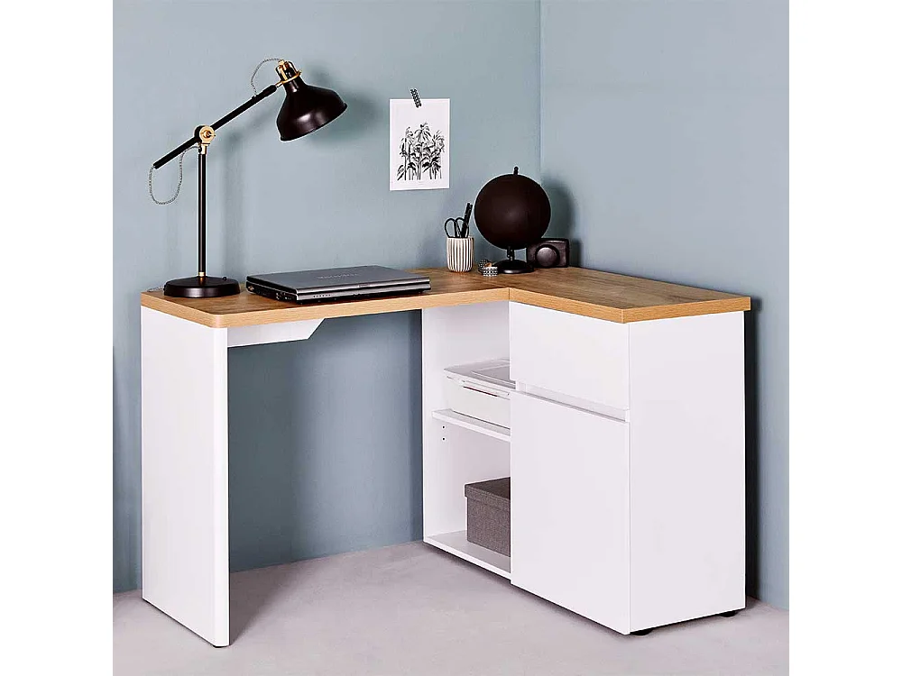 Winkelschreibtisch in Weiß und Eiche Optik Skandi Design