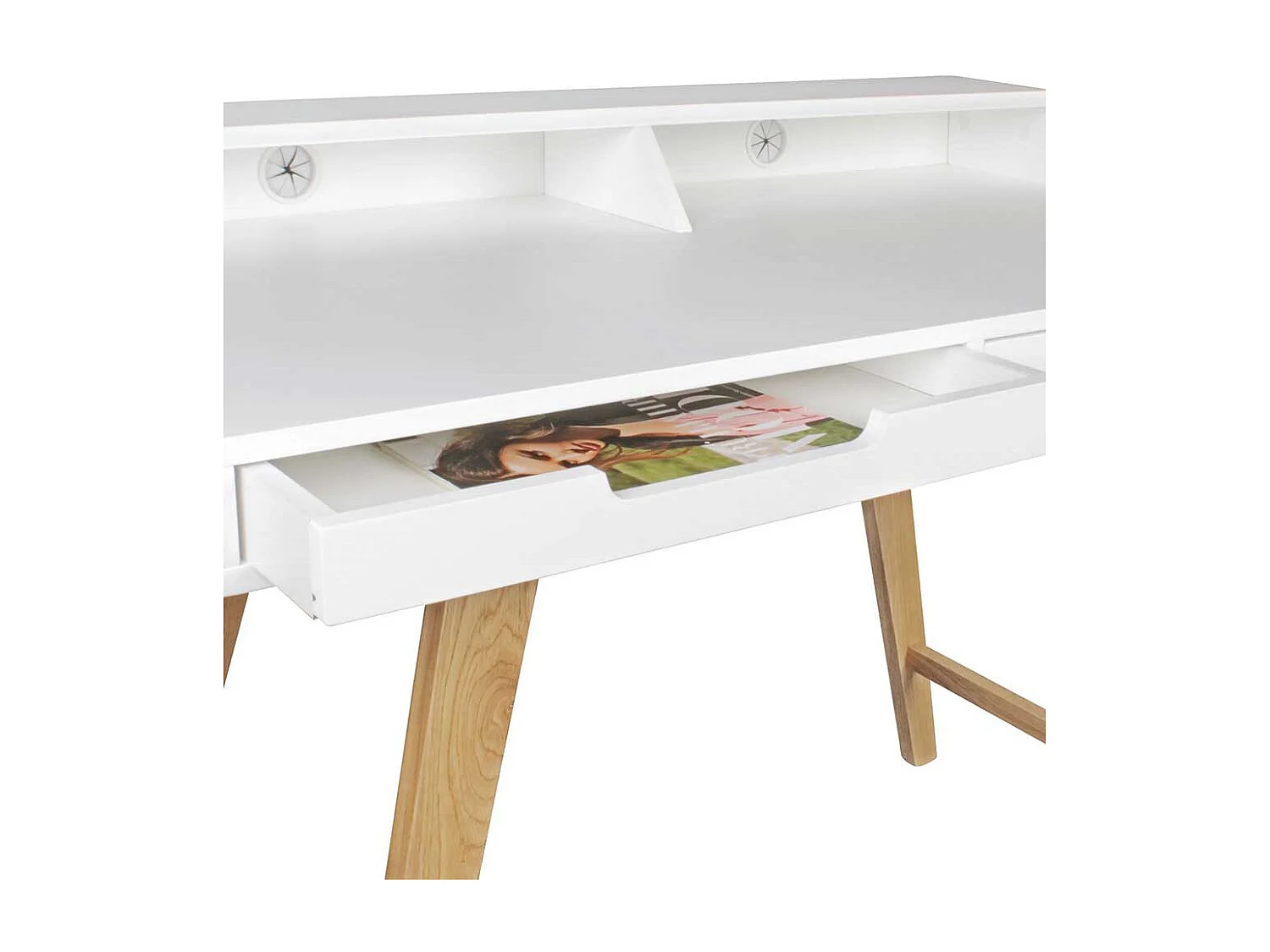 Jugendschreibtisch im Skandi Design Weiß und Eiche massiv