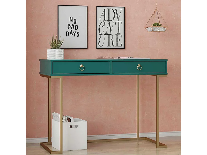 Moderner Schreibtisch in Petrol und Goldfarben zwei Schubladen